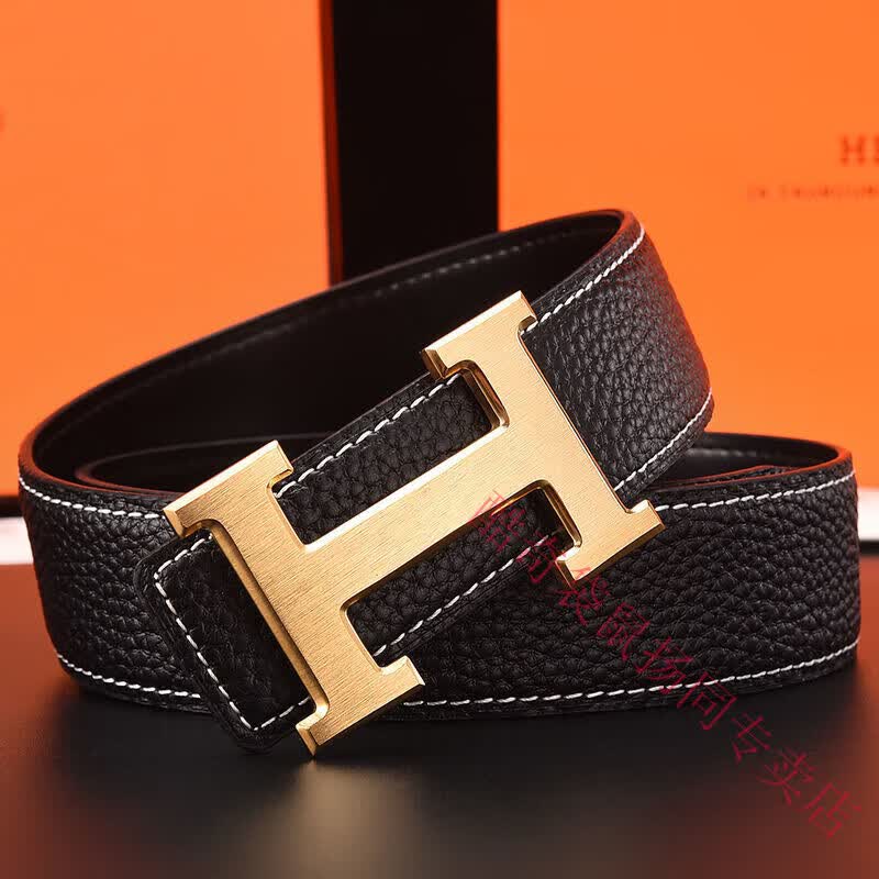 酷奇袋鼠男士皮带真牛皮时尚百搭H铜扣工字扣真皮休闲青中年腰带男 H黑色+银扣 3.8宽 105cm