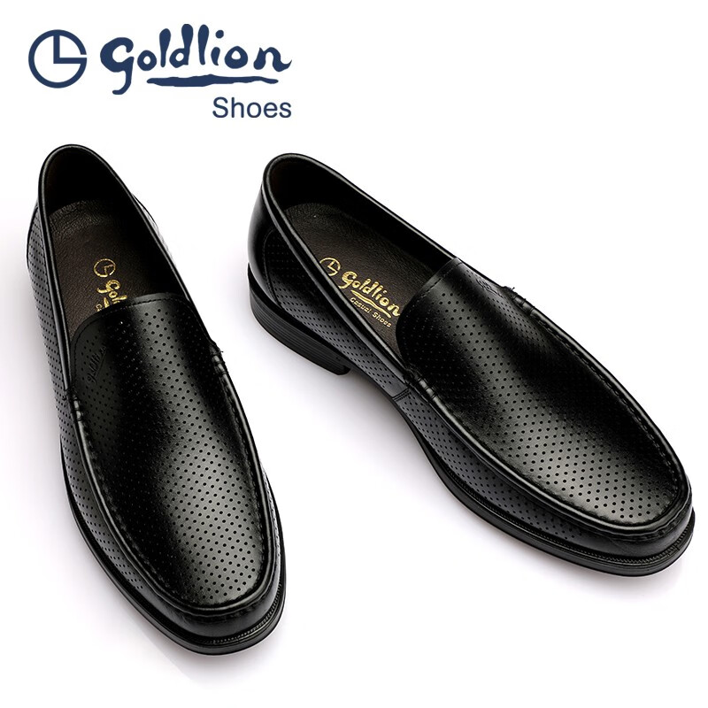 金利来（Goldlion）凉鞋男 夏季冲孔商务正装凉皮鞋 男士圆头套脚透气镂空男鞋 黑色 42 比标准码皮鞋偏大一码