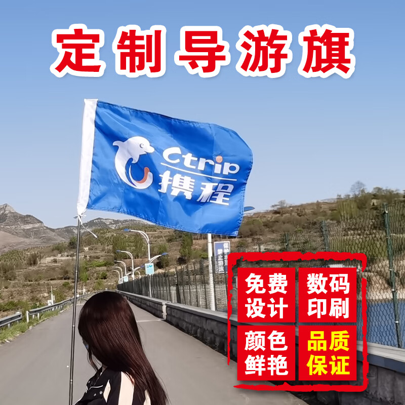 卡通领队旗带杆子导游旗订做特色手摇三角导游旗帜旅行社logo双面旗子