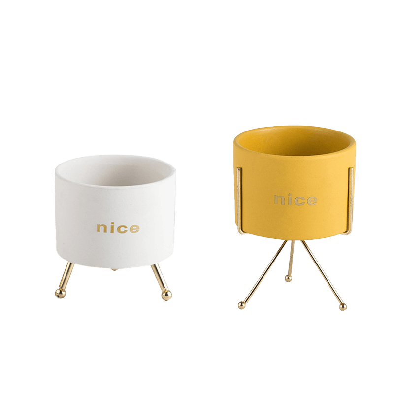 九千谷陶瓷多肉花盆 北欧简约花盆亮黄高款+米白色矮款 花架(有孔)6294