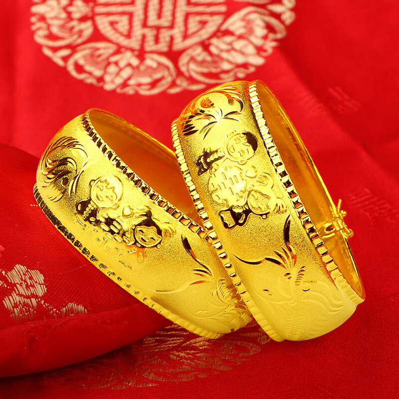 新娘结婚新款越南沙金龙凤手镯薄软款磨沙卡通娃娃双囍手环仿金婚庆