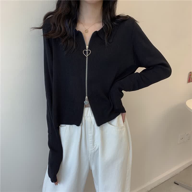 硕依美恋 2024年春季黑色针织衫女开衫双拉链短款长袖打底衫内搭上衣