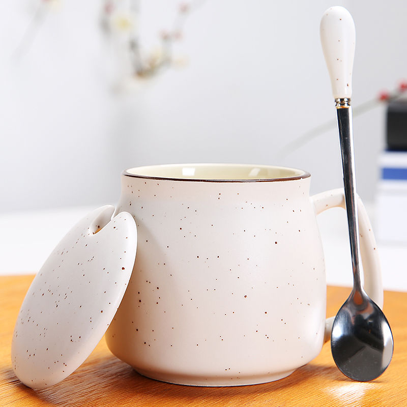 R早餐杯陶瓷杯带盖勺马克杯子创意牛奶杯情侣简约水杯办公室咖啡杯 满天星白 早餐杯+单杯