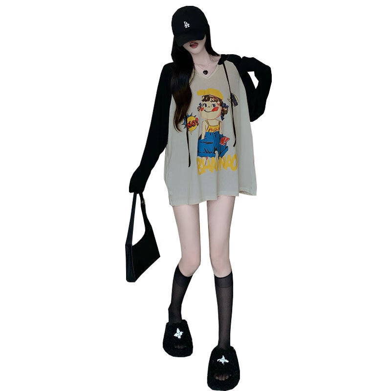 2022秋新款ins港风闺蜜款可爱女孩印花连帽长袖t恤女下体失踪 白色 m