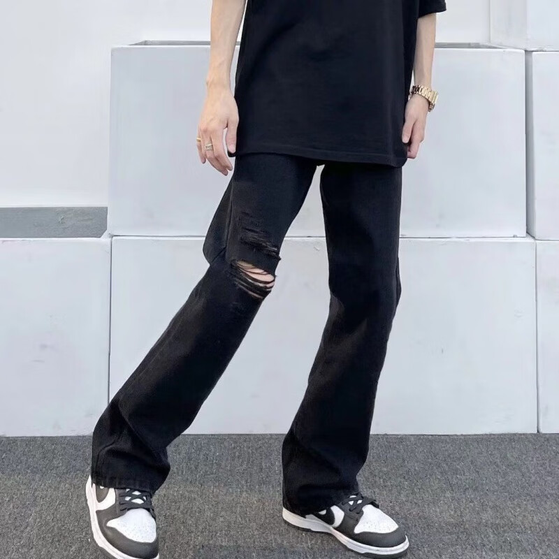 破洞微牛仔裤潮牌阔腿裤割破复古痞帅vibe风长裤男 k599牛仔裤黑色 s