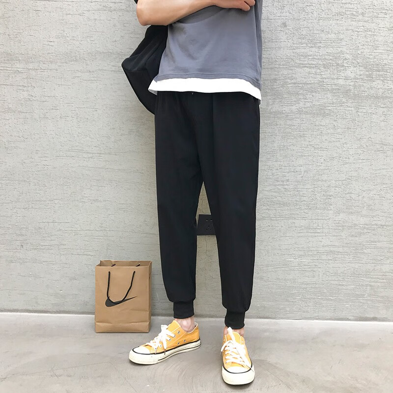 xs码夏季冰丝休闲西裤男港风宽松潮流纯色哈伦裤 k198黑色 xs加小码