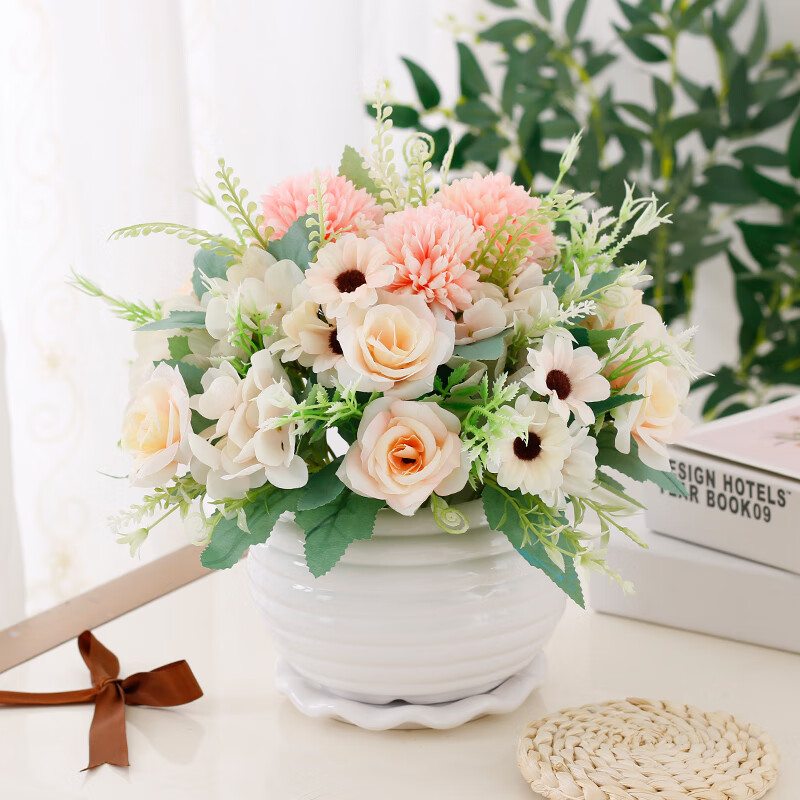 餐桌茶几摆件假花艺装饰绢花陶瓷塑料假花插花 藕色 荷花角玫组合粉