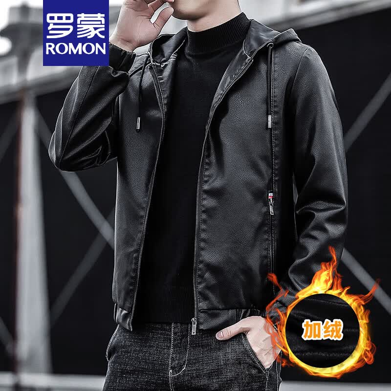 罗蒙（ROMON）春秋款皮衣男外套连帽冬装带帽青年男士皮夹克冬季加绒加厚 黑色-冬季款加绒加厚 偏小半码， M属于什么档次？