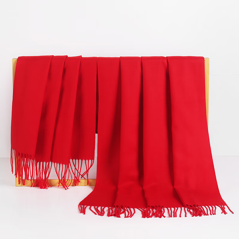 人生故事大红色围巾男女通用仿羊绒中国红本命年红围脖红红火火开年会围巾 LOGO定制 加宽纯棉长须70cm*200cm