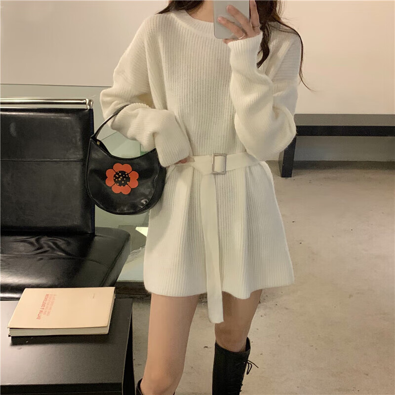 圣琪朵长款毛衣女遮臀搭配鲨鱼裤v领宽松套头中针织秋冬季慵懒东莞