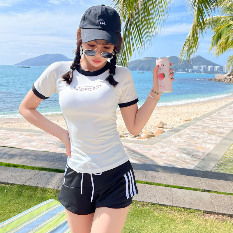 照乾新款泳装运动款短袖游泳衣女分体保守平角裤显瘦温泉学生两件套