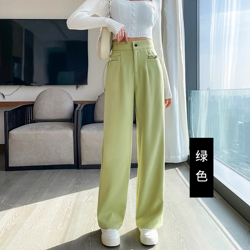 百伦比尔23年新款裤装女设计感感盘扣窄版阔腿裤休闲直筒裤 绿色 S