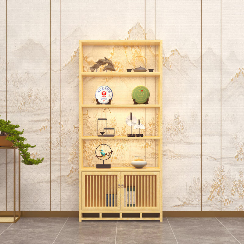 诗亭居茶叶柜置物架展示架实木茶叶展示柜白蜡木新中式客厅古董置物架