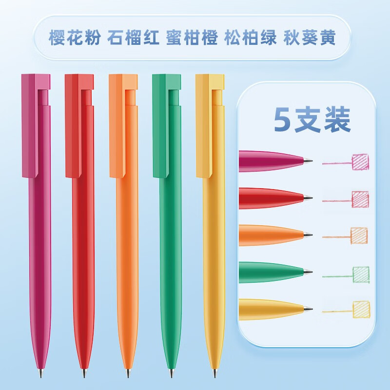 三口 简约按动中性中油笔高颜值彩色笔芯学生刷题签字笔水笔5支盒装 粉色，红色，橙色，绿色，黄色