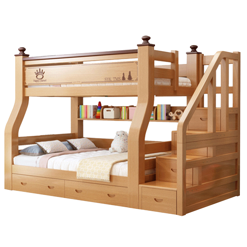 十亿客 全实木上下床橡胶木儿童高低床男女童双层床多功能成年成人大人床子母床上下铺 【原木色】梯柜+高箱款 上铺宽110cm下铺宽130cm