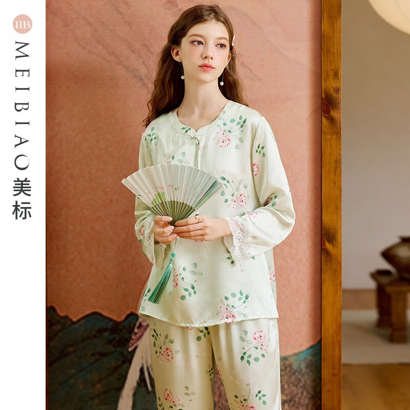 美标商场同款送礼物长袖真丝睡衣女春秋重磅桑蚕丝中国风丝绸家居服夏 淡绿 L (165/88A)