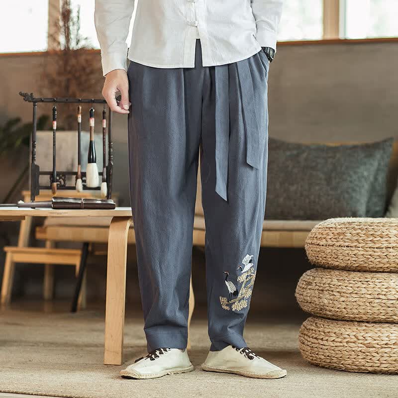 专帅中国风刺绣大码休闲裤男装秋冬季中式复古唐装汉服裤子宽松棉麻