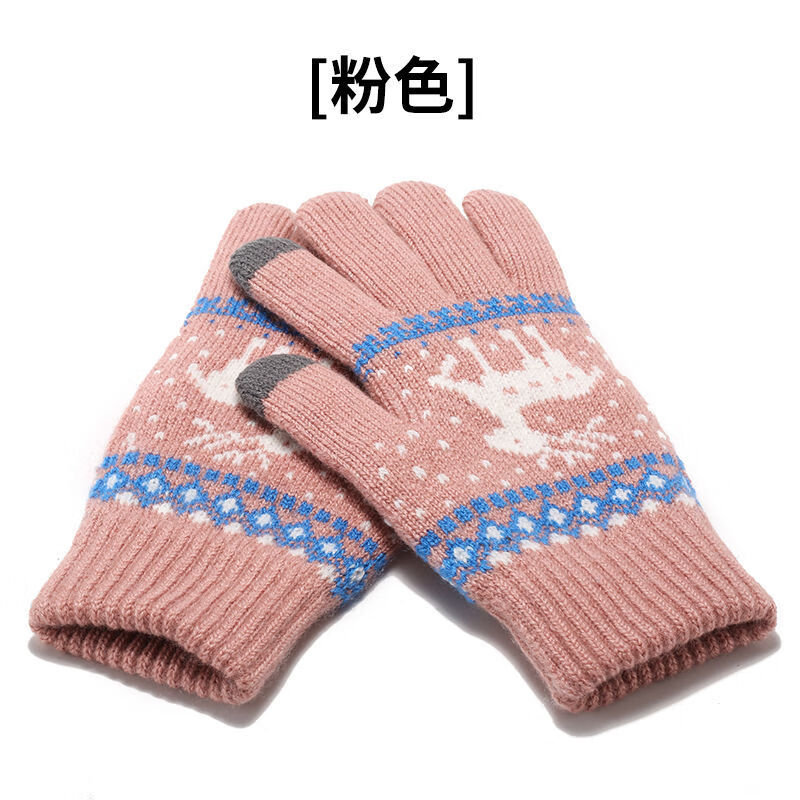 佰可依卡通触屏加厚保暖小鹿韩版骑车手套女士冬季加绒可爱学生针织毛线 粉色
