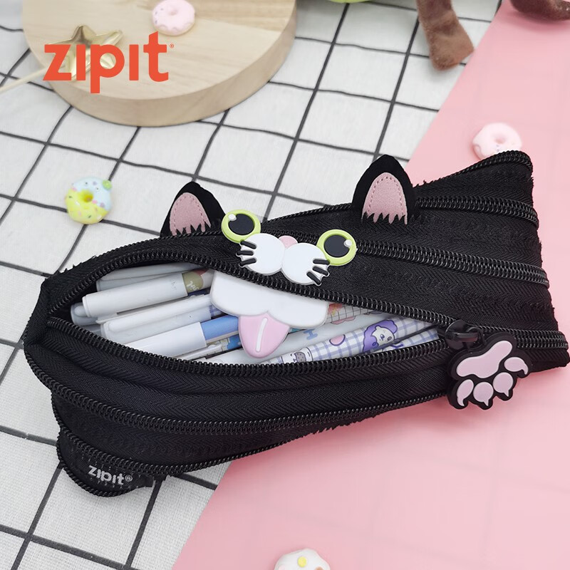zipit春季新品可爱机灵猫淘气黑色精灵修猫咪拉链笔袋初中生文具袋