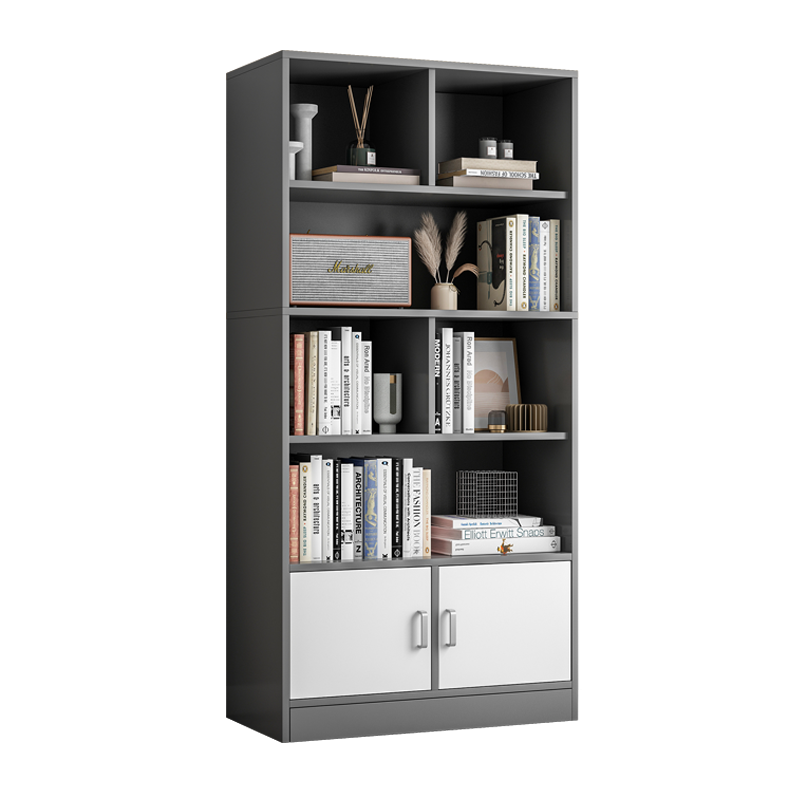 赢鸣落地书架书柜现代简约组合柜办公室书架带门柜子靠墙书架落地组合储物柜 【两门】酷炫太空灰+白 80CM