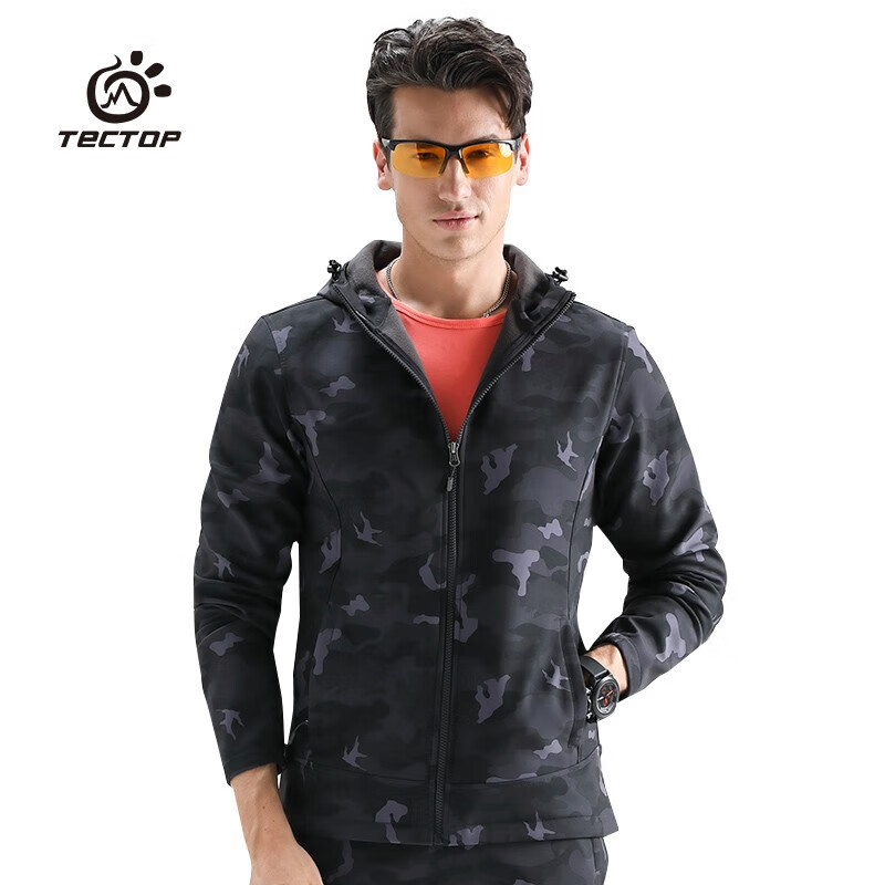 软壳衣男内里加绒户外夹克女印花迷彩防风保暖软壳外套 男款黑灰迷 