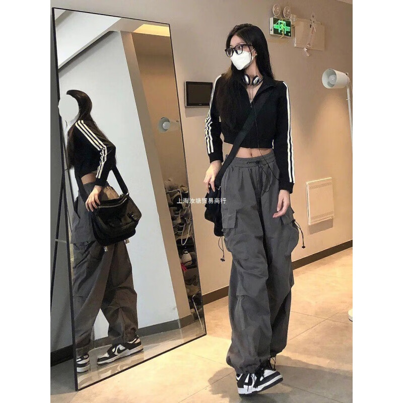 美式复古hiphop嘻哈工装裤女直筒宽松高腰显瘦多口袋运动休闲裤子 灰色 【斜纹原版面料】 S(建议70-95斤)