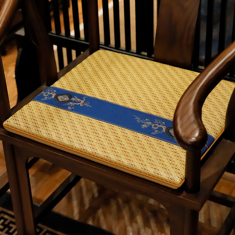 ROBTM夏季新中式凉垫沙发椅子藤席坐垫防滑透气餐椅圈椅藤椅垫家用 淡黄色（蓝色南枝藤椅垫） 45*38cm含3厘米海绵