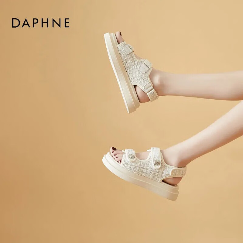 达芙妮（DAPHNE）小香风运动凉鞋女款夏季2022年新款魔术贴平底沙滩凉鞋女AA 白色凉鞋【布面】 37