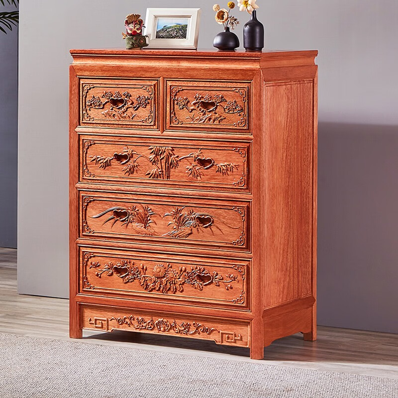 传古匠 金花木梨木五斗柜中式古典雕花实木储物柜家用