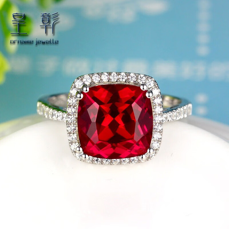 皇彰红宝石戒指925银镶嵌克拉方形彩色宝石珠宝指环女款 13号
