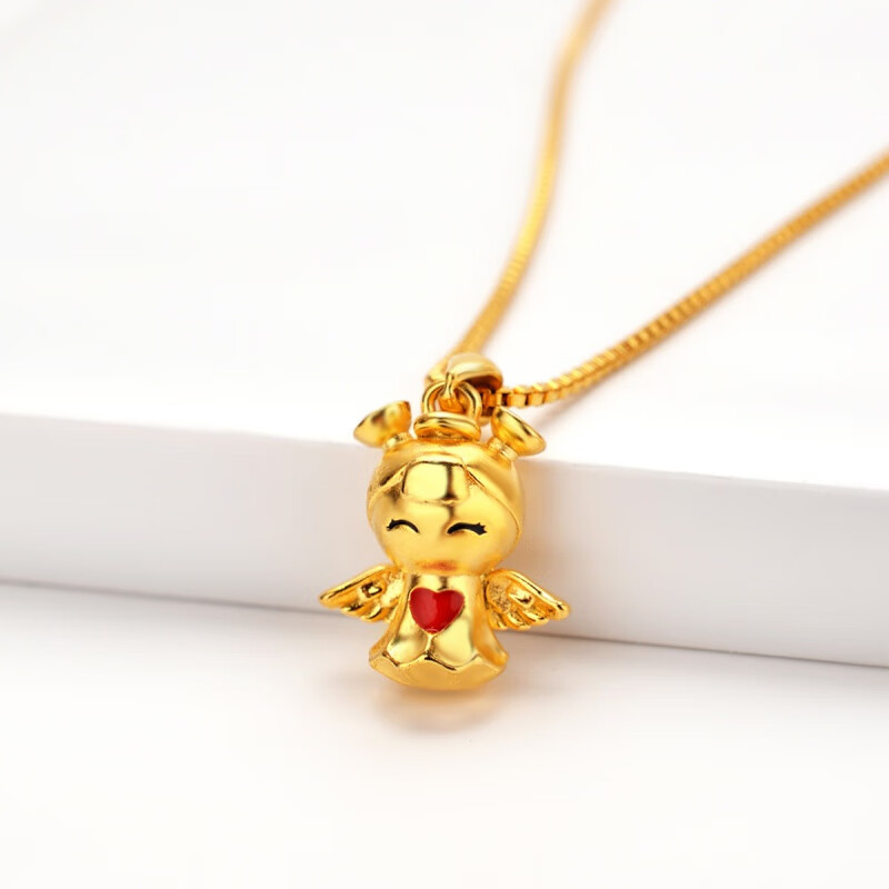 仿3D硬金滴油吊坠 小女孩天使挂坠 翅膀心形搭配锁骨链 沙金首饰 吊坠+限时送链
