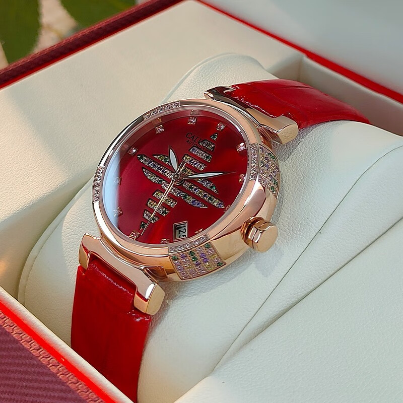 卡罗莱(caluola)女表全自动机械表时尚女士手表四叶草镶钻防水真皮带