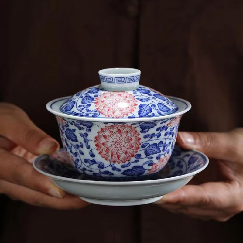 瑾瀚瓷轩青花釉里红茶具套装家用整套盖碗三才碗泡茶碗茶具茶杯盖杯茶