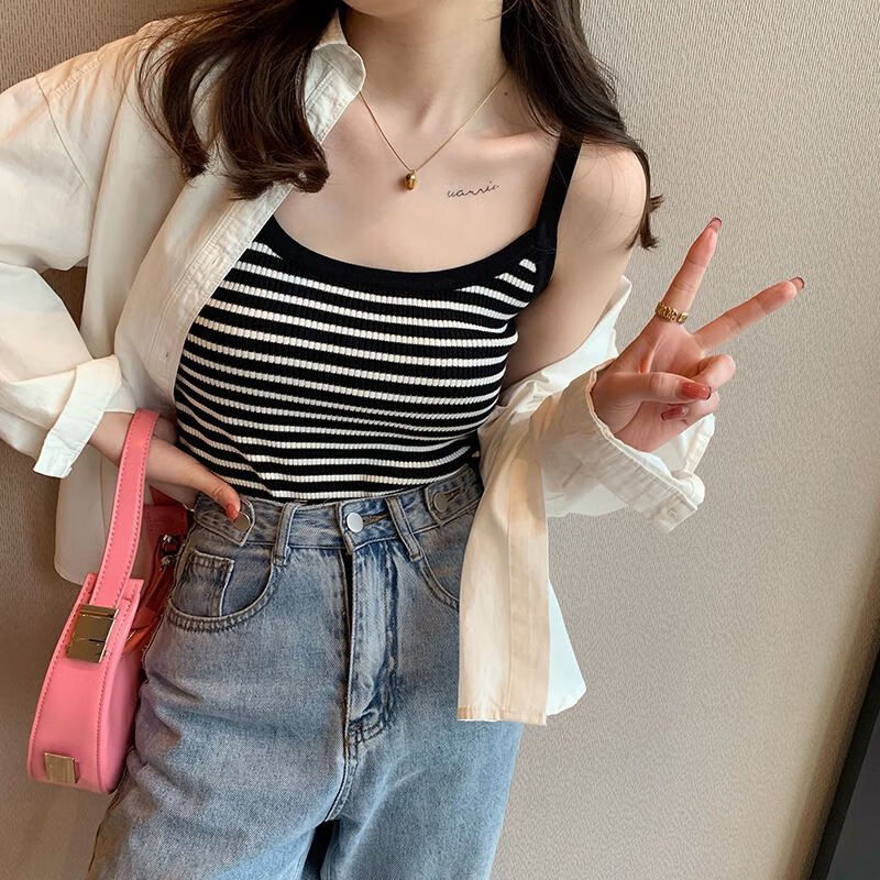 金彩潼星辣妹女生内搭打底吊带背心上衣冰丝女夏外穿黑白条纹针织法式
