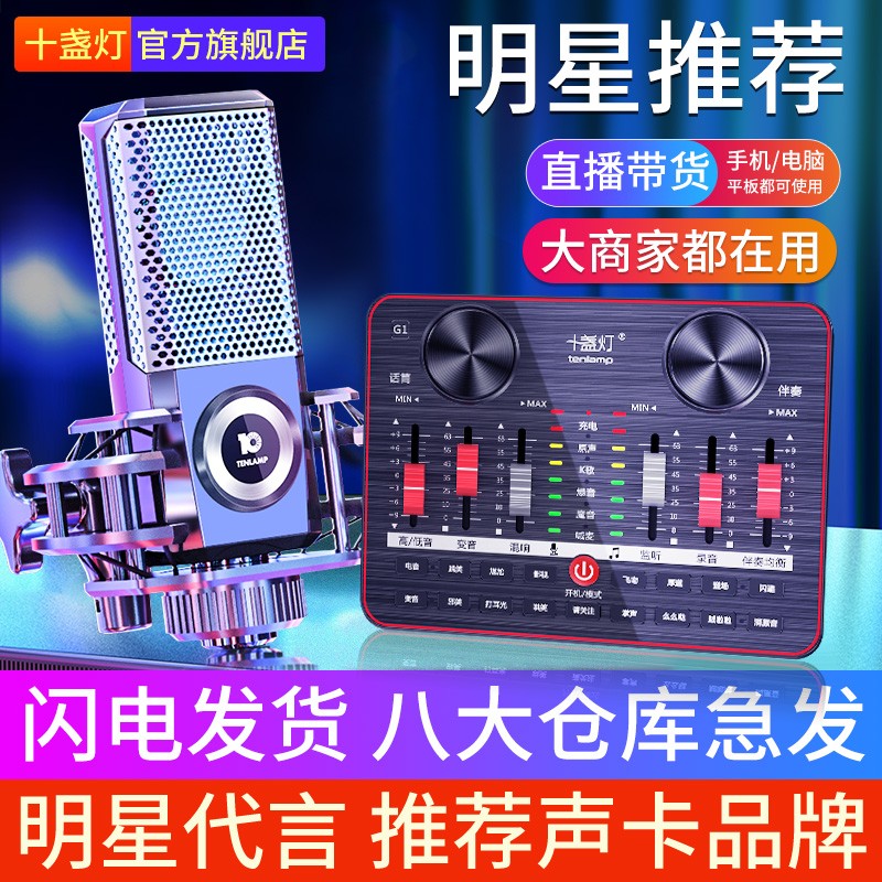 十盏灯 i8-G系列声卡 振膜麦克风调音台声卡套装主播直播带货全套快手喊麦唱歌抖修音专用录音棚设备 i8-G1声卡套装【振膜麦】