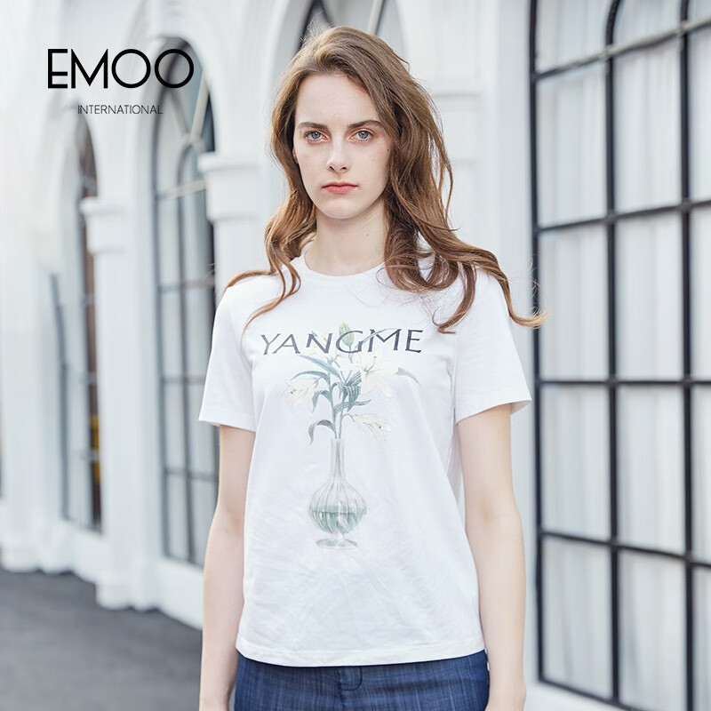 杨门（EMOO）新品春季新款短袖t恤女新品象牙白套头小衫纯棉T恤女装夏 象牙白 S