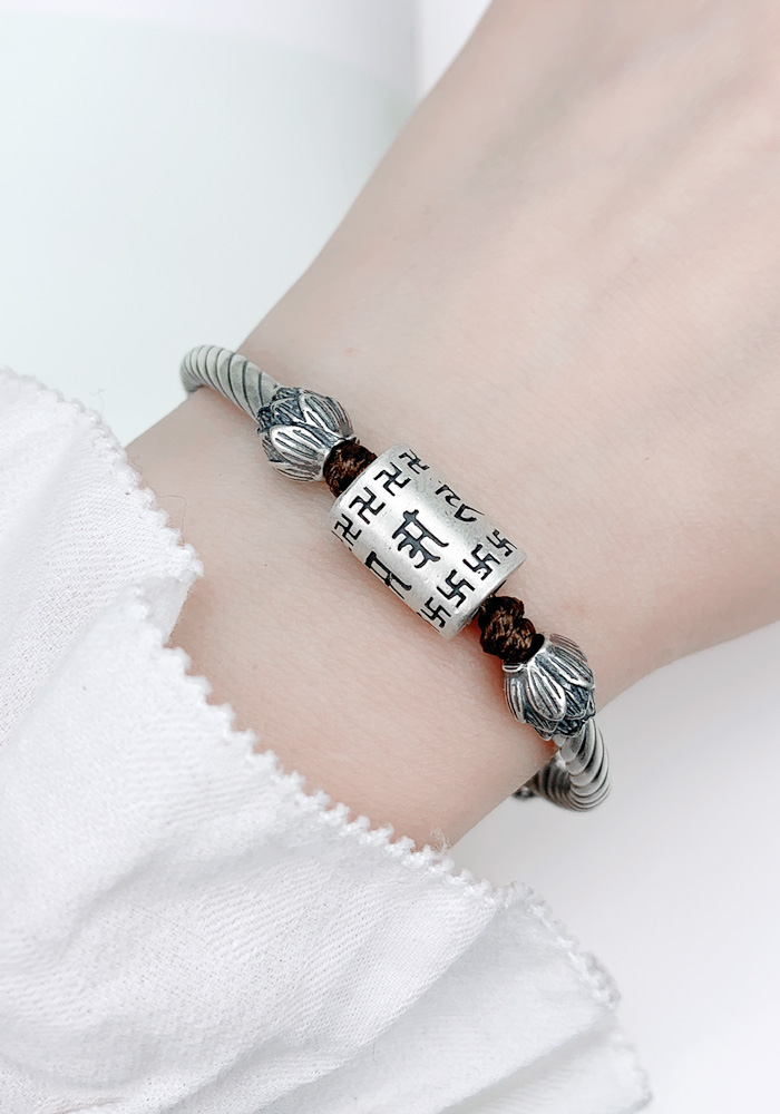 999足银六字真言心经手链男女手工编织复古风文艺手绳礼物 适合手围15