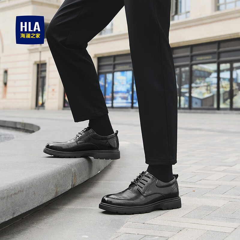 海澜之家(HLA)皮鞋男款新品复古潮流英伦风男士上班通勤百搭舒适软底德比鞋 黑色(HAAPXM1EBH077) 43 (尺码偏大一码,拍小一码)