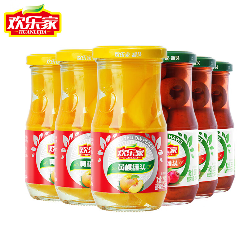 欢乐家 水果罐头256g*6瓶 新鲜水果果肉糖水罐头 玻璃瓶装 整箱 黄桃*