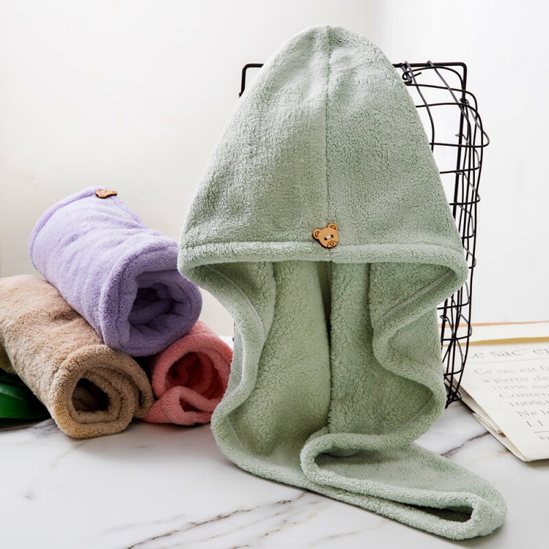 洁丽雅（Grace） 新款网红吸水珊瑚绒干发帽擦头巾可爱速干 单层浅绿色 尺寸65*25cm