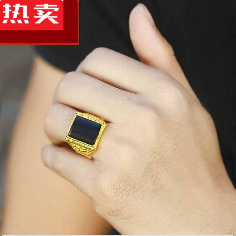 假戒指男士款金镶玉男戒越南金和田玉碧玉男士款活口沙金首 大黑宝石
