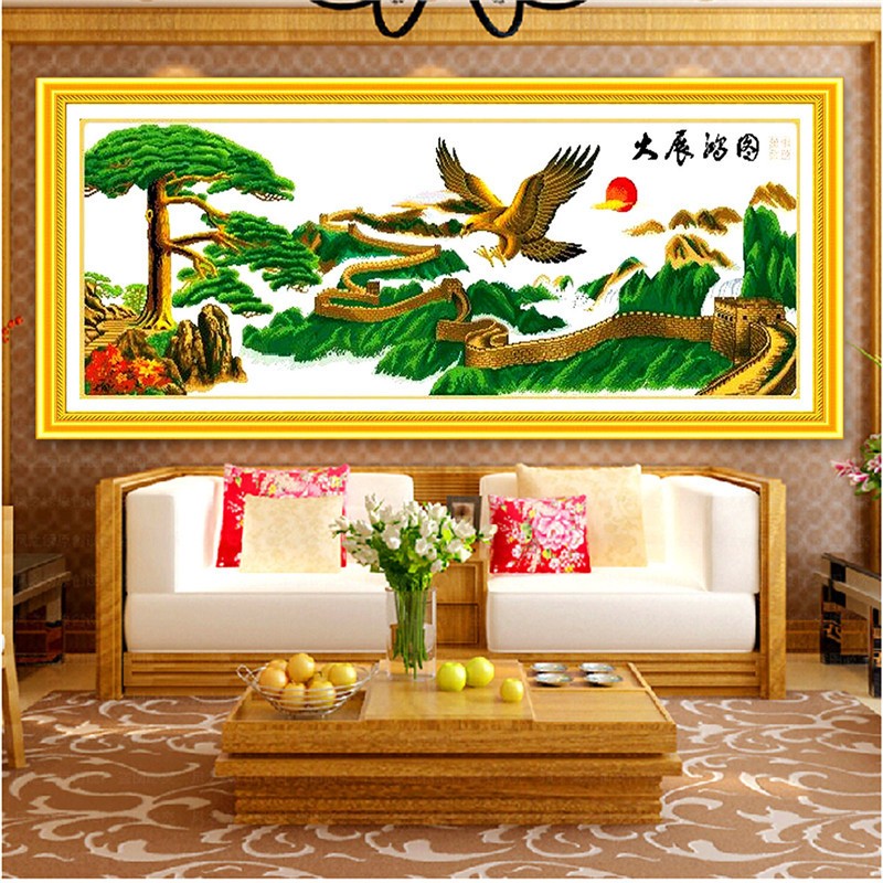 悟客大展宏图2024新款自己手工十字绣线绣刺绣客厅高端大气迎客松