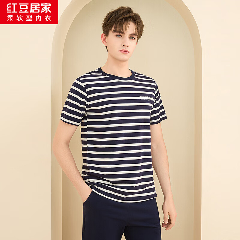 红豆居家男士条纹T恤短袖可外穿居家服套装 327 藏青 185/104A