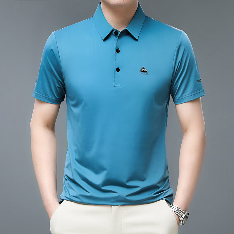 新款凉感短袖纯色t恤男中年男士冰丝翻领男装上衣工装休闲工 湖蓝色 m
