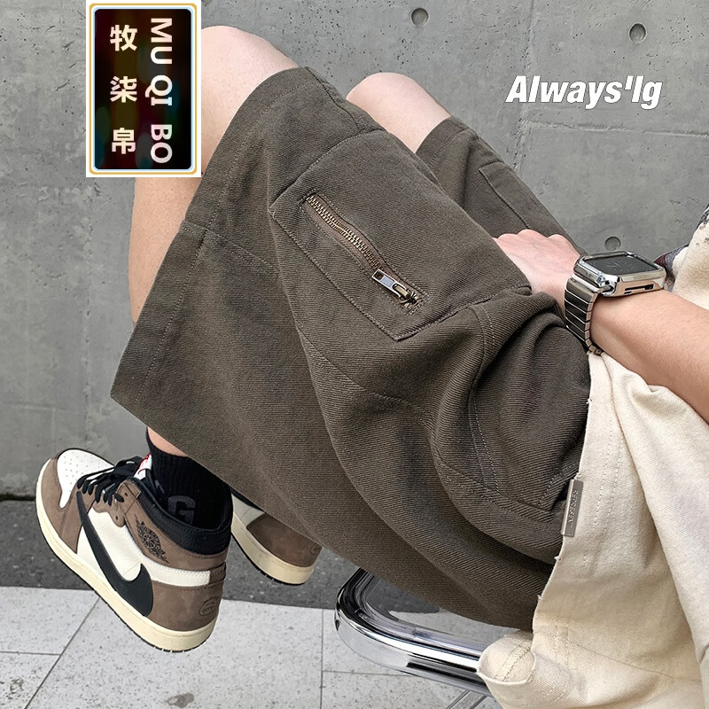 vibe高街水洗短裤男夏季山系设计感多口袋痞帅宽松休闲五分裤 深咖色