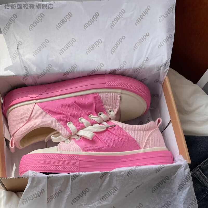 学生百搭帆布鞋女2023夏季圆头厚底透气鞋子女 玫红色  35 标准尺码