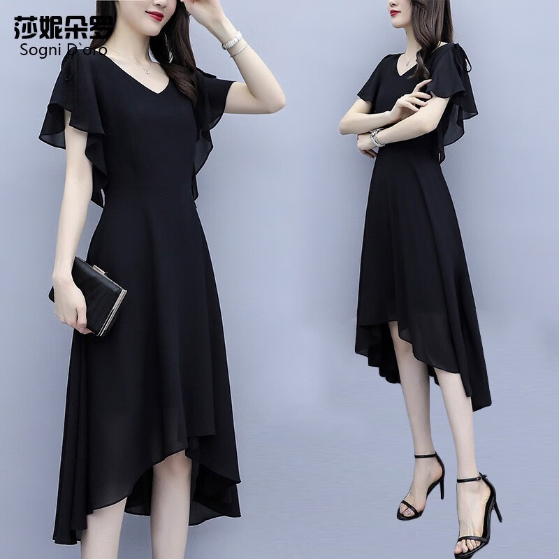 莎妮朵罗连衣裙夏雪纺裙新品显瘦款短袖V领遮肚子时尚小黑裙子15956 黑色 XL 建议115-128斤穿着