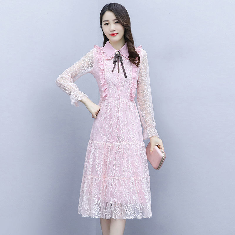 连衣裙】法式温柔风过膝长裙子女春季新款女装高端轻奢长袖蕾丝连衣裙