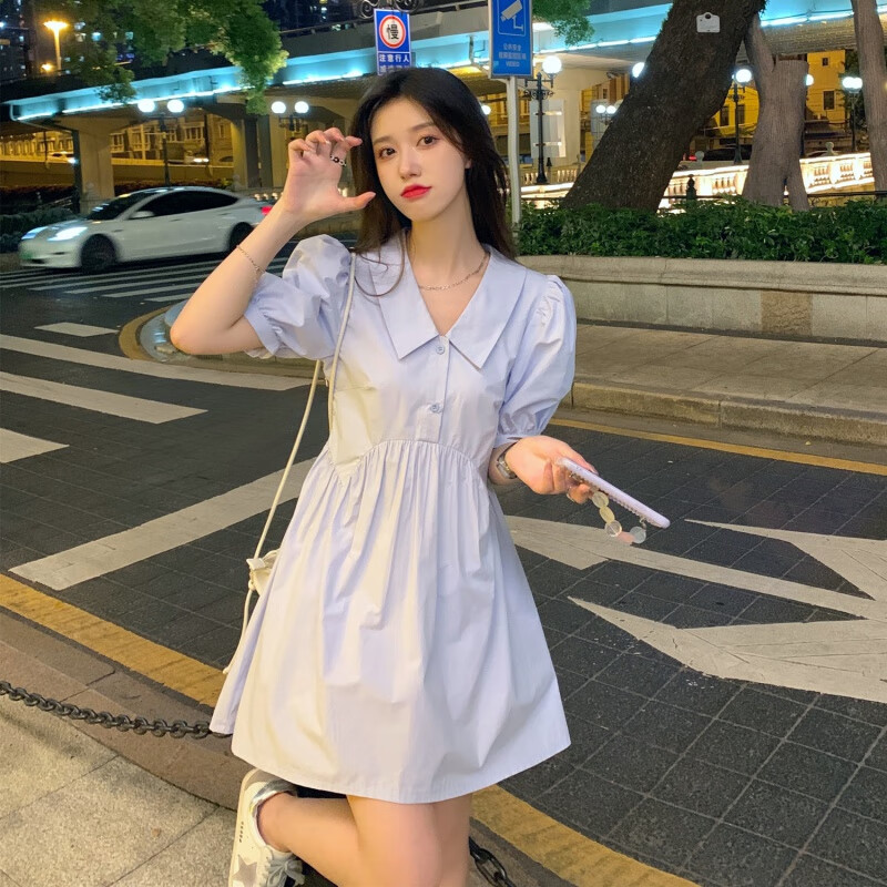 一米五矮个子微胖女生穿搭女孩夏天显瘦裙子大码胖mm泡泡袖连衣裙女