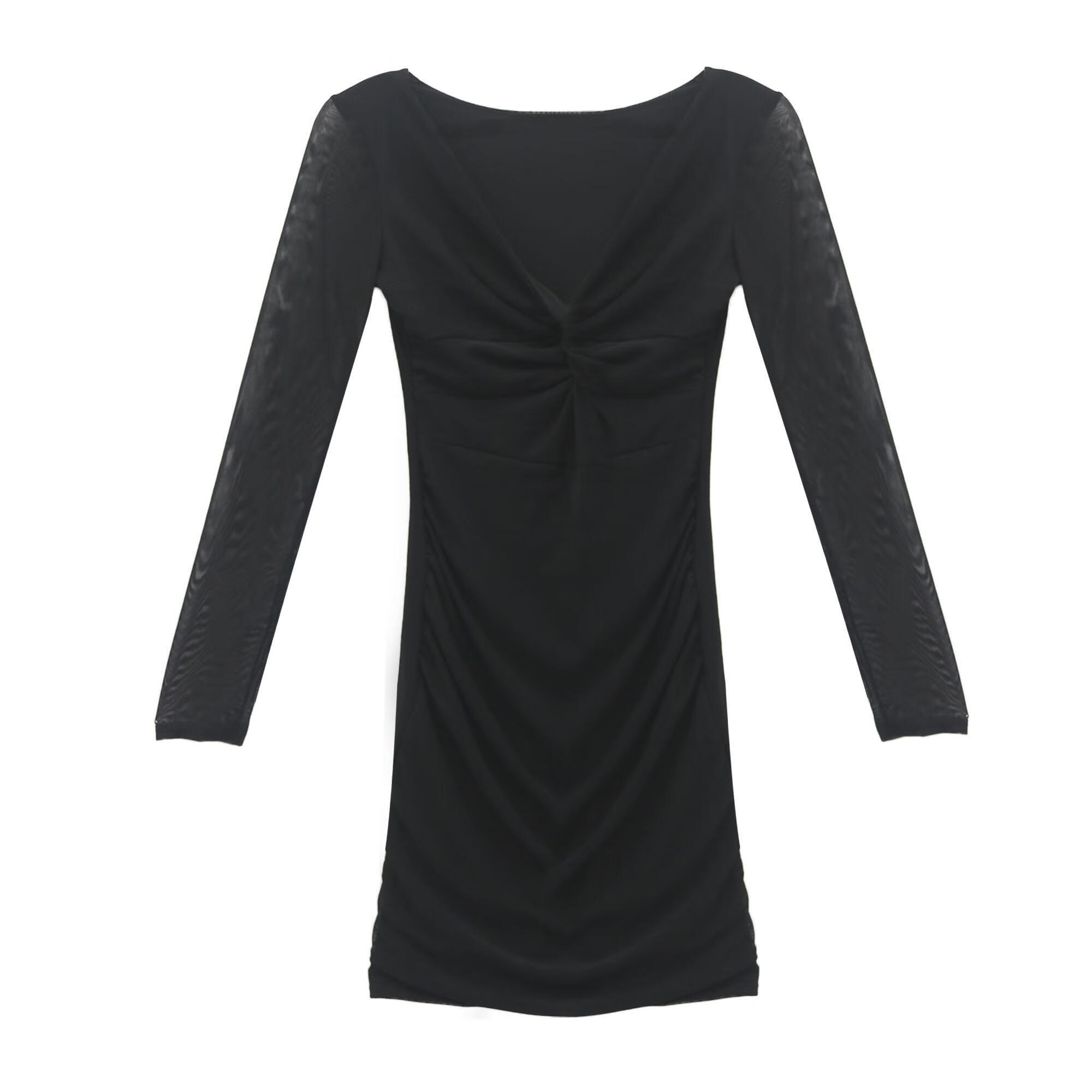 蓝骏启连衣裙女秋新款法式礼服裙黑色网纱纯欲性感打底修身包臀短裙 